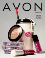 Avon Catalog: A collection of high-quality skincare and makeup products from a beauty catalog displayed on a clean surface.