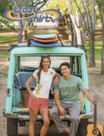 Crazy Shirts Catalog: A collection of specialty-dyed t-shirts and casual apparel from a tropical-themed catalog.