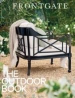 Frontgate Catalog: Luxurious outdoor patio featuring Grade A teak furniture and high-performance fabric cushions in a lush garden setting.
