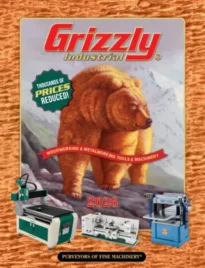 Grizzly Woodworking Catalog: A variety of professional woodworking machines including table saws and planers in a well-organized workshop.