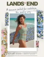 A stack of colorful Lands' End Catalog editions showing seasonal clothing and home goods.
