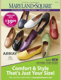 Maryland Square Catalog: A variety of stylish shoes in different widths displayed elegantly.