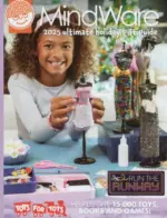 A variety of colorful educational toys and logic puzzles from the MindWare Catalog arranged on a wooden table.