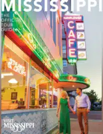 A scenic view of a Mississippi sunset over the river with moss-draped cypress trees in the foreground.