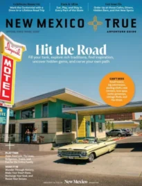 New Mexico Vacation Guide: A scenic view of the New Mexico desert landscape with adobe structures and mountains in the distance.