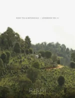 Rishi Tea Catalog: A collection of organic loose leaf teas and botanical blends in glass jars showing various textures and colors.