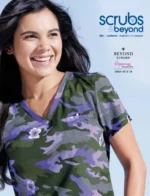 A collection of professional medical scrubs and uniforms from the Scrubs & Beyond Catalog displayed in various colors and styles.