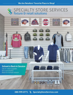 Retail store interior showing organized gondola shelving and clothing racks from a specialty store services catalog.