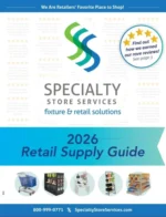 Retail store interior showing organized gondola shelving and clothing racks from a specialty store services catalog.