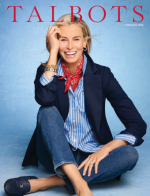 Talbots Catalog: A woman wearing a navy blazer and white trousers