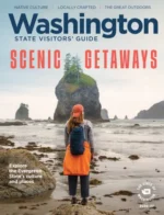 Washington Vacation Guide: A panoramic view of Mount Rainier rising above the evergreen forests of Washington State.