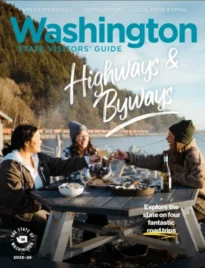 Washington Vacation Guide: A panoramic view of Mount Rainier rising above the evergreen forests of Washington State.