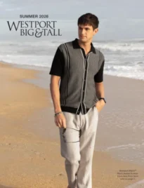 Westport Big & Tall Catalog: A well-dressed man wearing a high-quality navy blazer and light-colored trousers from the big and tall collection.