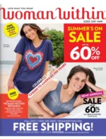 Woman Within Catalog: A variety of colorful plus-size clothing items including tunics and knit pants displayed for a fashion catalog.