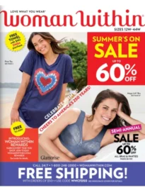 Woman Within Catalog: A variety of colorful plus-size clothing items including tunics and knit pants displayed for a fashion catalog.