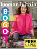 Woman Within Catalog: A variety of colorful plus-size clothing items including tunics and knit pants displayed for a fashion catalog.