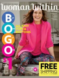 Woman Within Catalog: A variety of colorful plus-size clothing items including tunics and knit pants displayed for a fashion catalog.